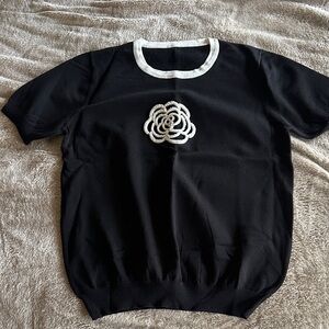 Black Short Sleeve Top with White Floral Beaded Design